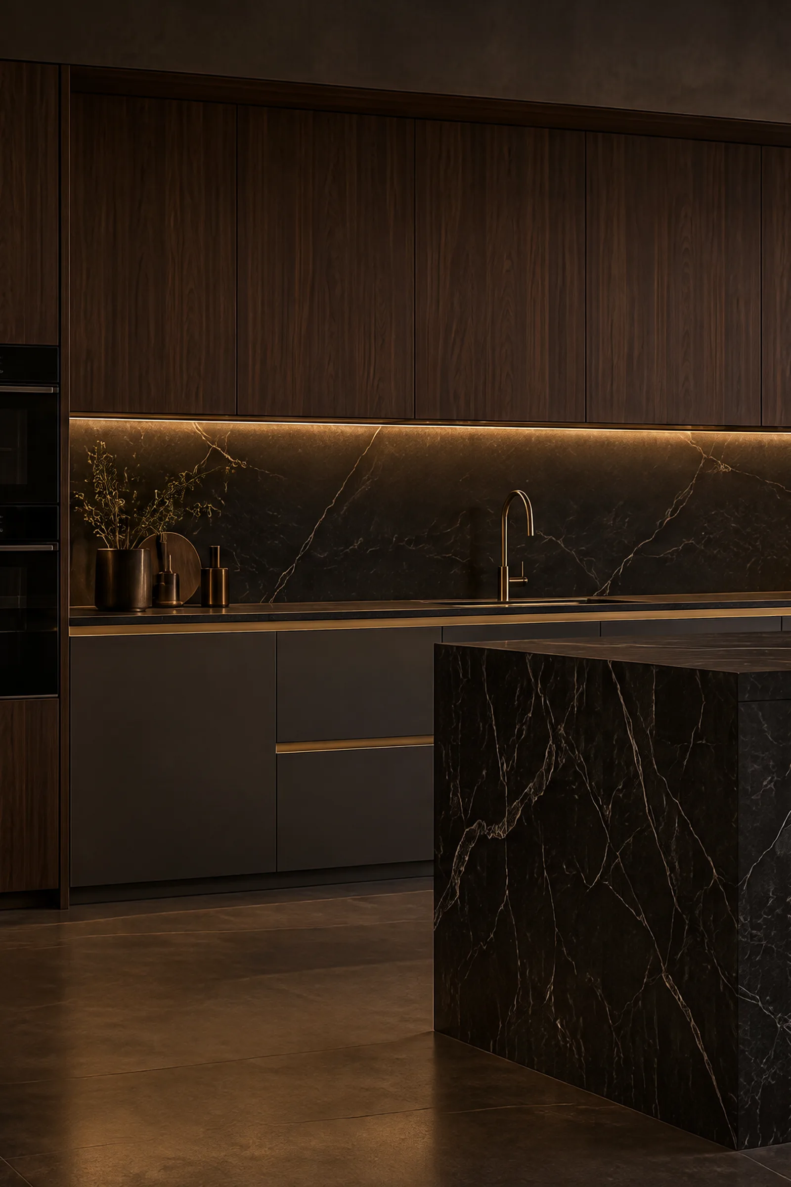 Kitchen in dark walnut veneer and anthracite lacquer with a black marble island and brass details