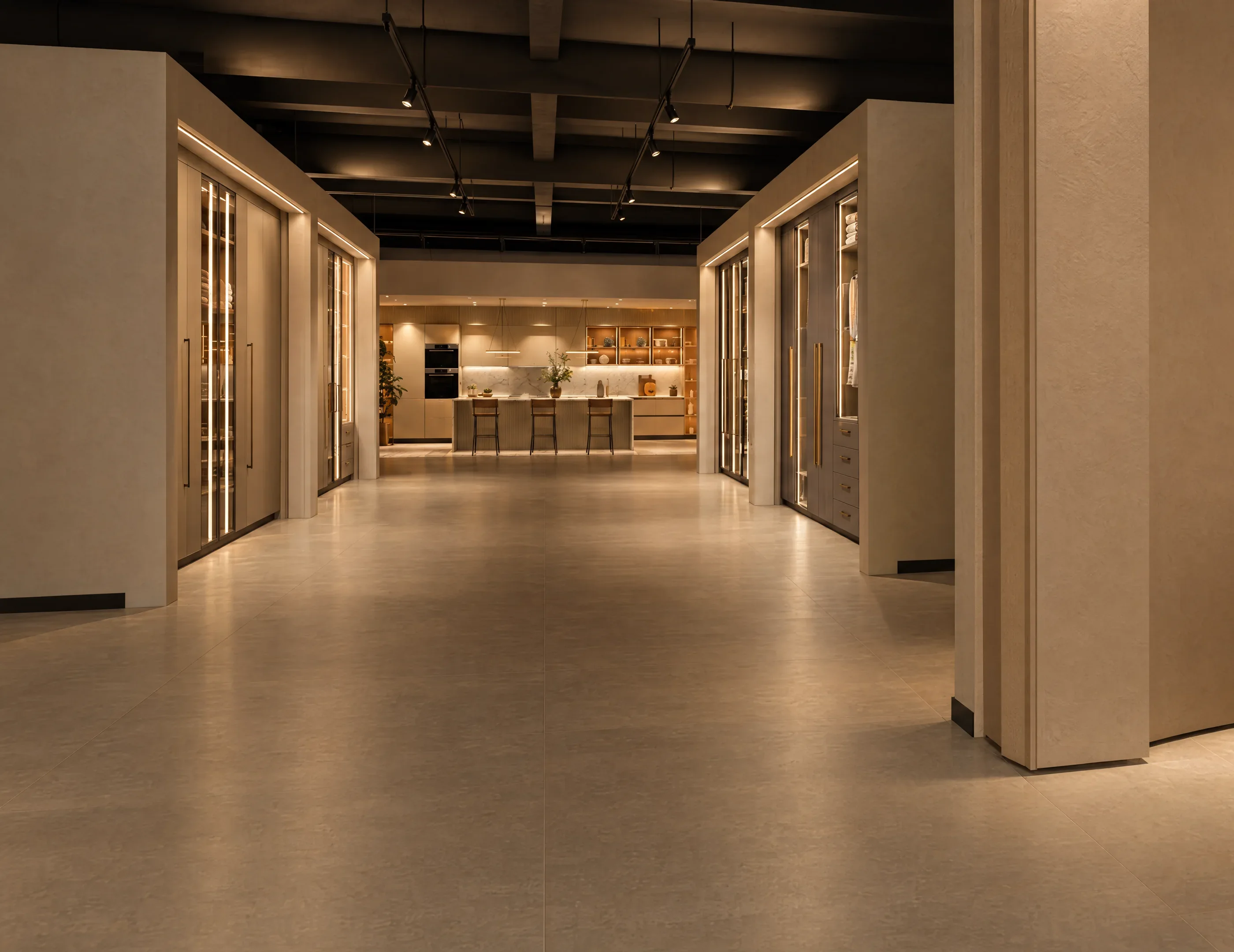 OMAR KITCHEN STUDIO virtual showroom entrance: a lit corridor lined with cabinet and kitchen models